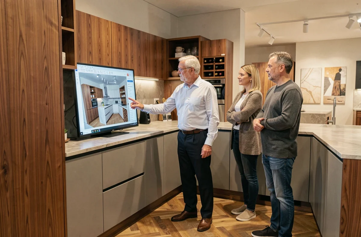 Espace AvivA à Brive-la-Gaillarde, cuisine en noyer et laqué gris pierre avec porte-bouteilles intégré