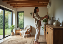 Tendance cottage moderne 2025 : décoration et inspirations Femme arrangeant des vases en céramique dans un salon chaleureux