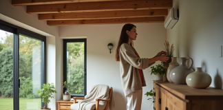 Tendance cottage moderne 2025 : décoration et inspirations Femme arrangeant des vases en céramique dans un salon chaleureux