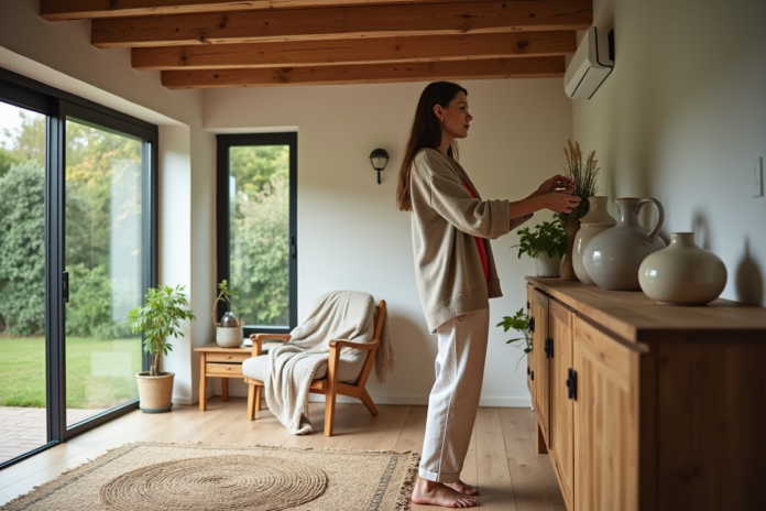 decoration-ceramiques-salon Femme arrangeant des vases en céramique dans un salon chaleureux