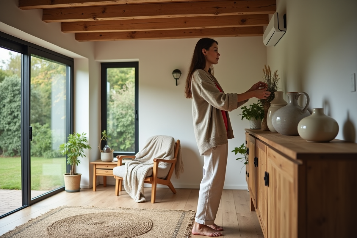 Femme arrangeant des vases en céramique dans un salon chaleureux