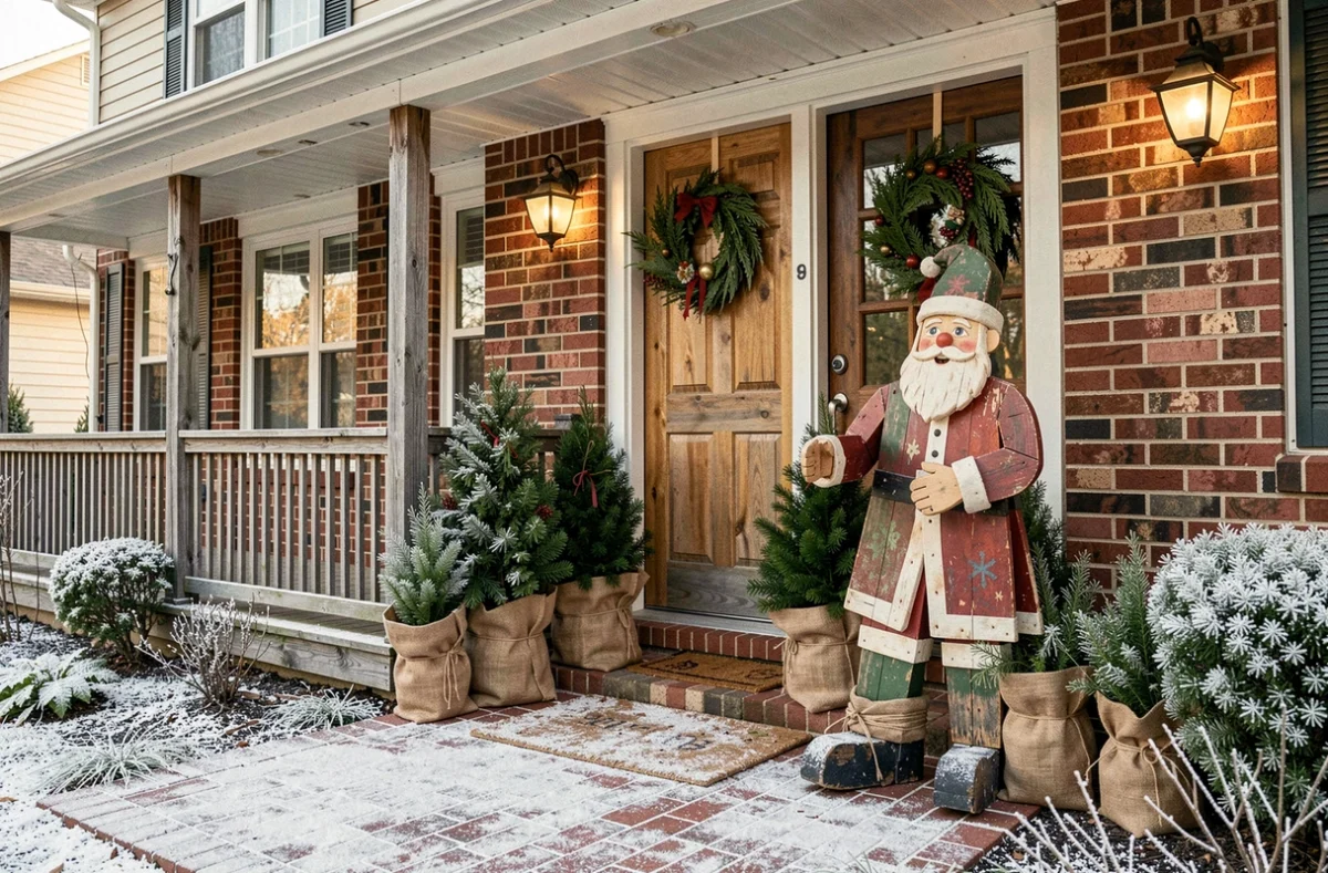 Déco extérieure Père Noël en contreplaqué peint devant une maison de banlieue avec plantes en pot et lanternes vintage