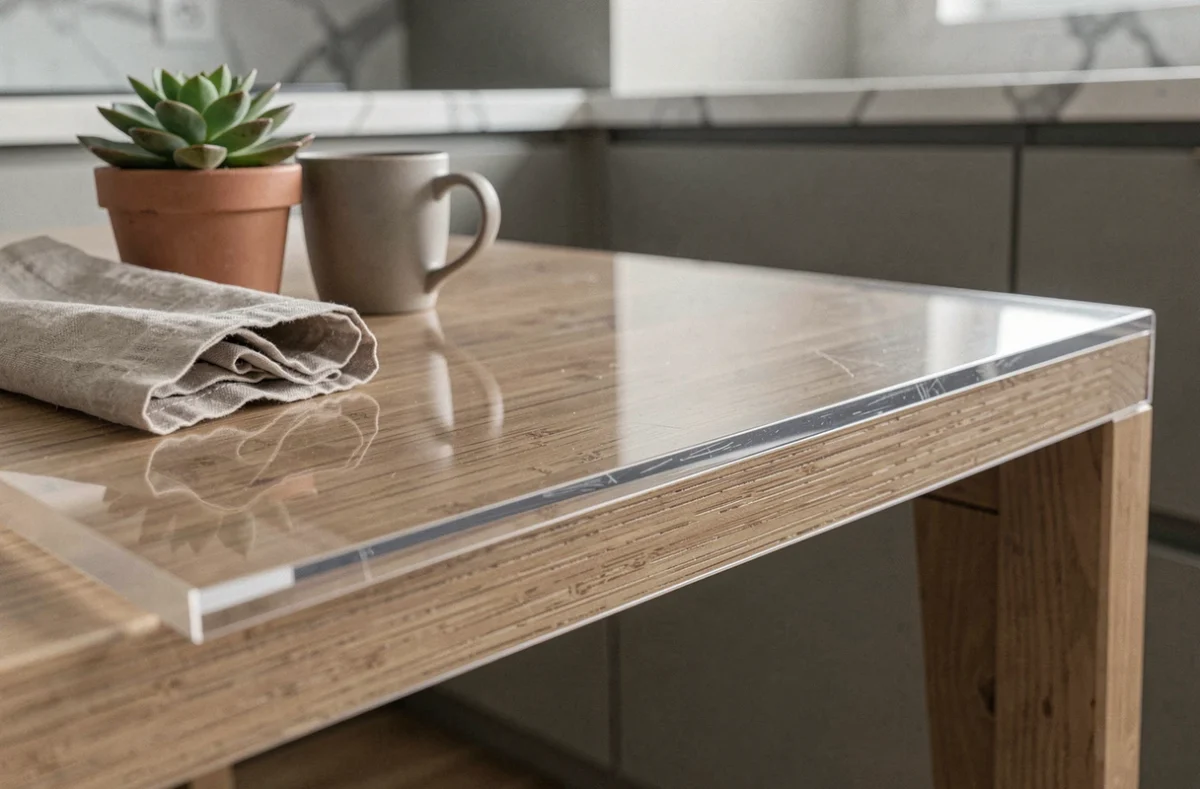 Détail du bord d'une protection plastique transparente sur une table en bois avec accessoires décoratifs modernes