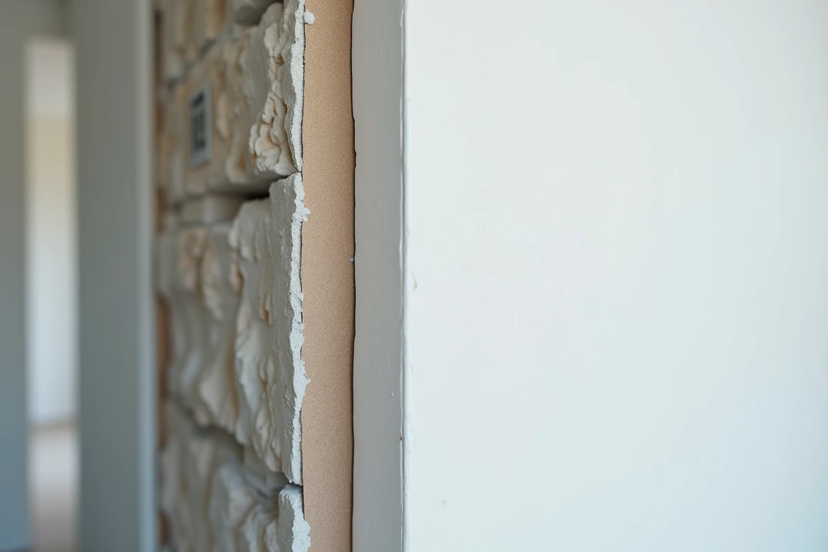 Détail d'une cloison demi-stil avec isolation rigide contre un mur en maçonnerie dans un appartement en rénovation énergétique