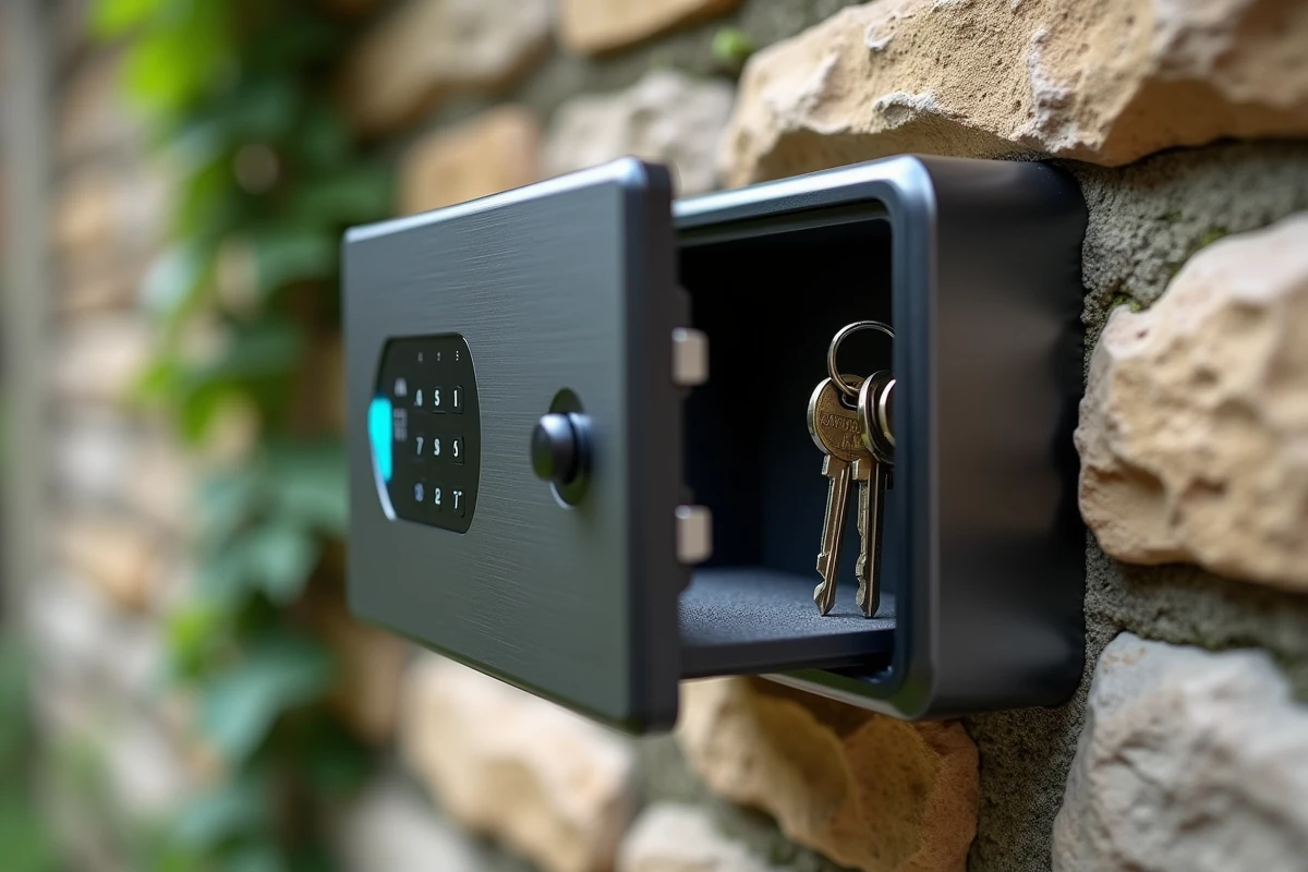 Gros plan d'un coffre à clé connecté ouvert fixé sur un mur en pierre avec des clés visibles à l'intérieur