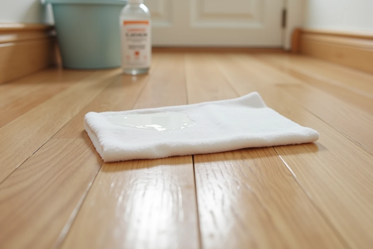 Gros plan sur le nettoyage d'un parquet stratifié avec un chiffon en microfibre révélant une surface sans traces ni résidus