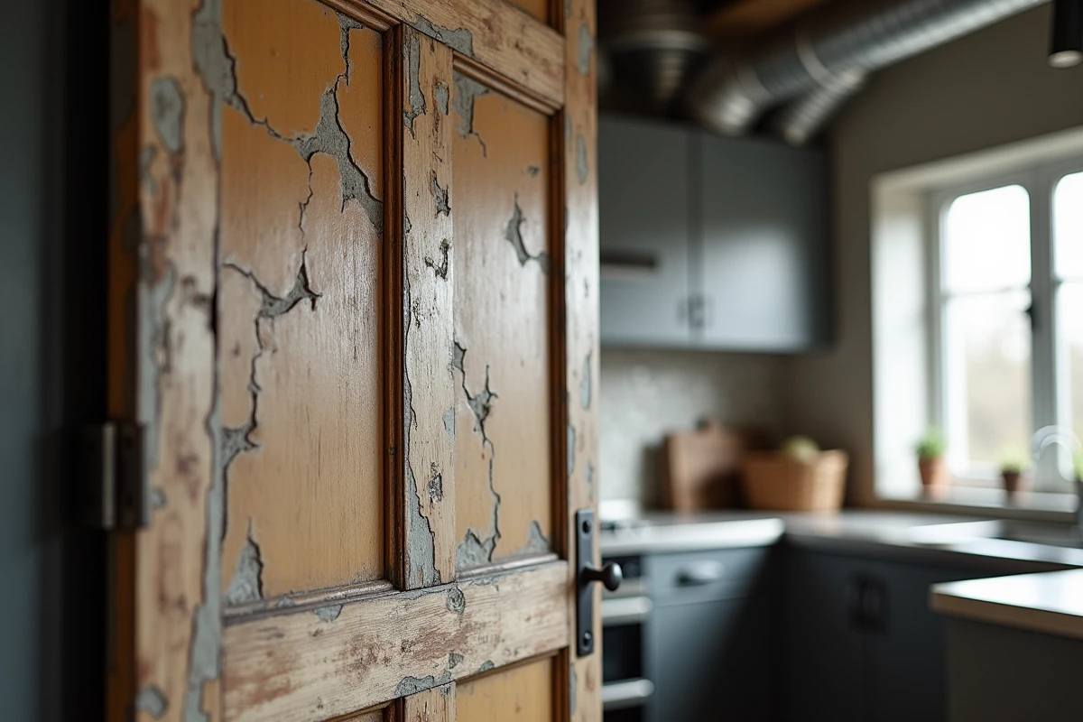 Détail d'une ancienne porte en bois aux peintures écaillées intégrée dans une cuisine industrielle moderne