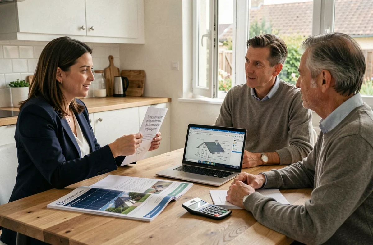 Conseillère en énergie solaire présentant un devis de panneaux solaires à un couple de propriétaires dans une cuisine moderne
