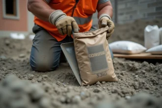 Ouvrier dosant du béton à la pelle depuis un sac de 35 kg sur un chantier résidentiel