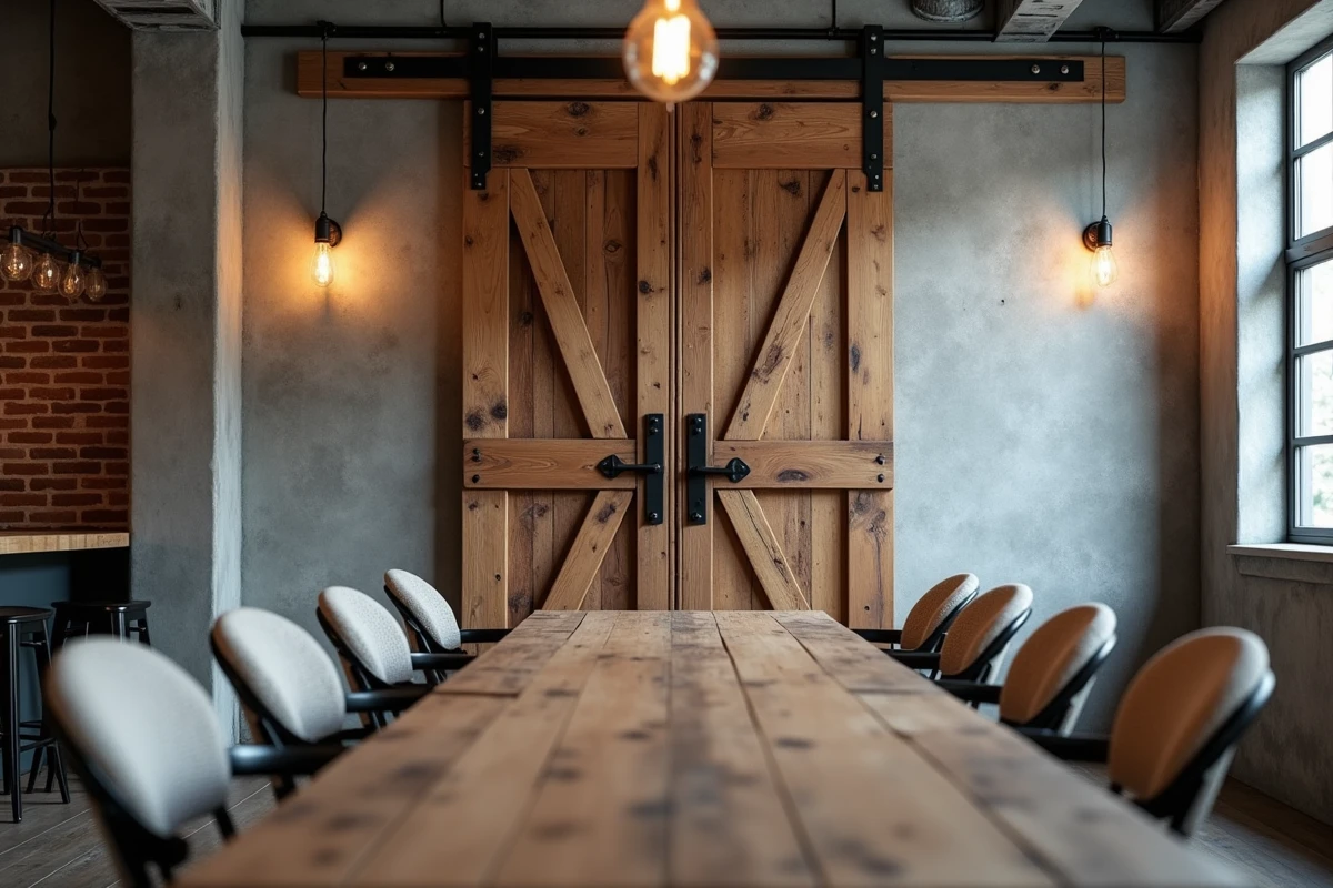 Double porte en bois vintage avec ferronnerie noire utilisée comme élément décoratif dans une salle à manger industrielle