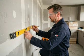 Électricien marquant l'emplacement d'une prise murale avec un niveau à bulle dans une cuisine en rénovation