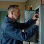 Changer tableau électrique : est-ce nécessaire pour la sécurité de votre installation ? Électricien inspectant un panneau électrique résidentiel