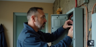 Électricien inspectant un panneau électrique résidentiel
