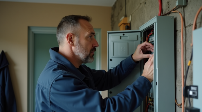 Changer tableau électrique : est-ce nécessaire pour la sécurité de votre installation ? Électricien inspectant un panneau électrique résidentiel