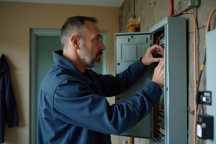 Électricien inspectant un panneau électrique résidentiel