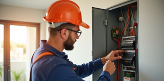 Électricien en uniforme inspectant un panneau électrique moderne