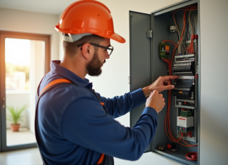 Électricien en uniforme inspectant un panneau électrique moderne