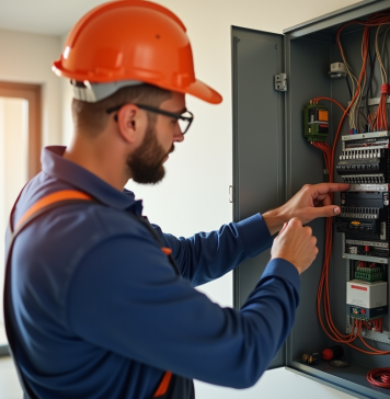 Quand faut-il rénover ses installations électriques selon le diagnostic électricité ? Électricien en uniforme inspectant un panneau électrique moderne