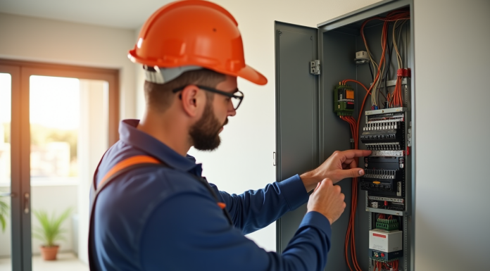 Électricien en uniforme inspectant un panneau électrique moderne