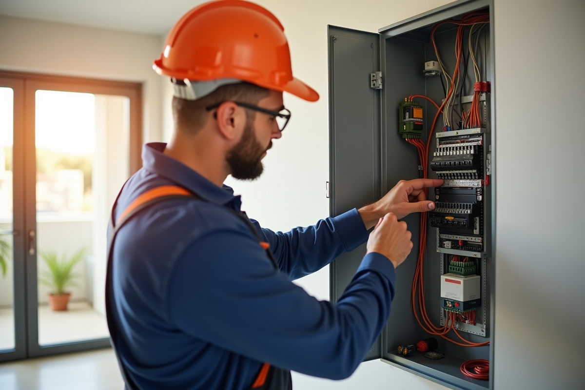 Électricien en uniforme inspectant un panneau électrique moderne