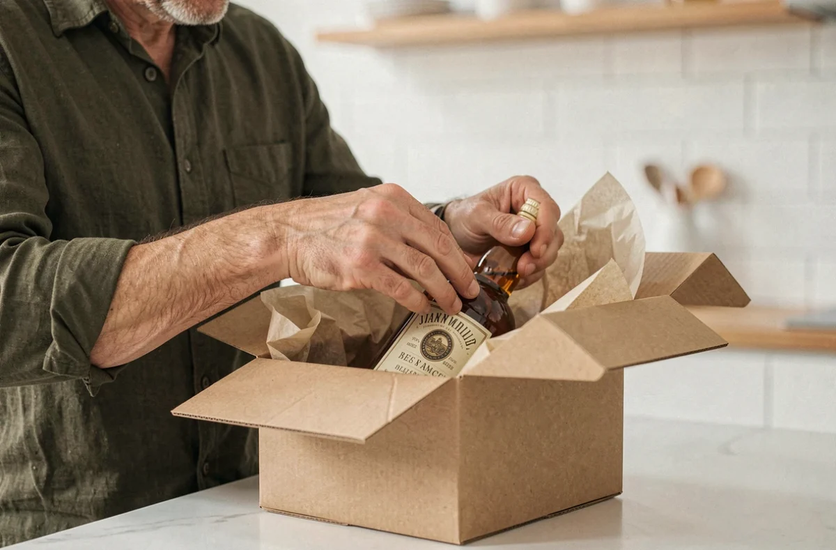 Personne emballant une bouteille de whisky dans un coffret cadeau kraft fait maison