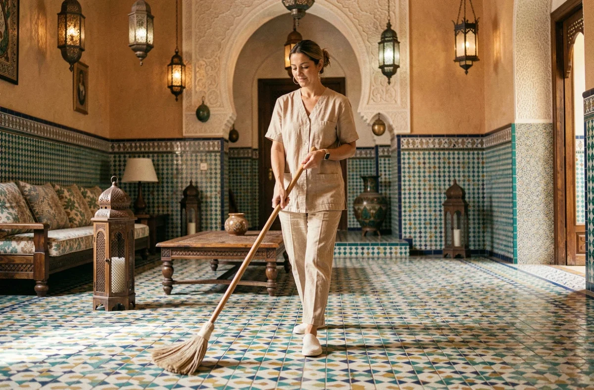 Employée de maison nettoyant le sol en zellige d'un salon marocain traditionnel avec une serpillière à Marrakech