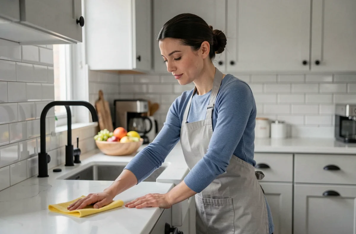 Employée de maison nettoyant un plan de travail dans une cuisine moderne, service de ménage à domicile à Asnières