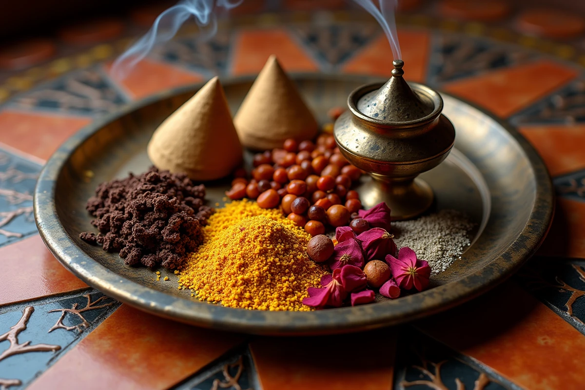 Plateau en cuivre avec encens artisanal arabe, résine d'oliban, copeaux d'oud et brûle-encens en laiton sur carrelage zellige marocain