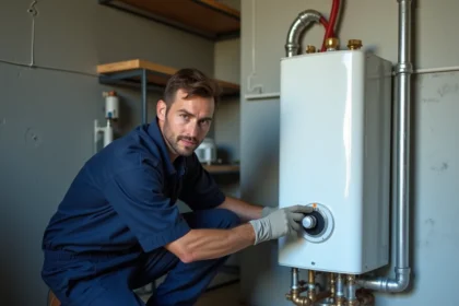 Technicien inspectant un chauffe-eau électrique dans une chaufferie résidentielle lors d'un entretien professionnel