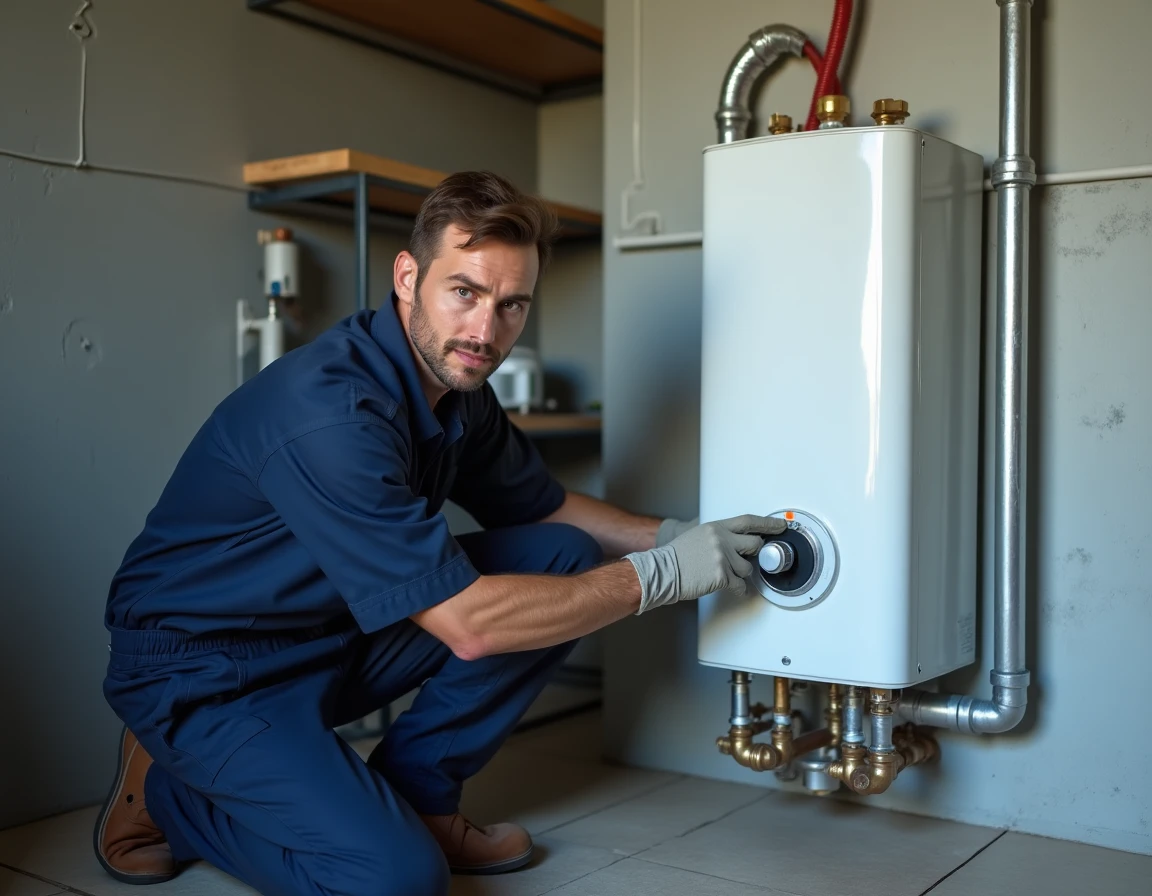 Technicien inspectant un chauffe-eau électrique dans une chaufferie résidentielle lors d'un entretien professionnel