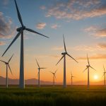 L’option verte pour une énergie propre et indépendante Photo hyperrealiste d'une ferme éolienne moderne au lever du soleil