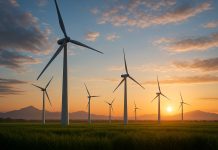 Photo hyperrealiste d'une ferme éolienne moderne au lever du soleil