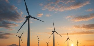 Photo hyperrealiste d'une ferme éolienne moderne au lever du soleil