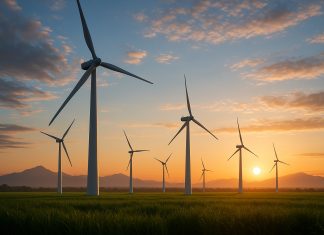 L’option verte pour une énergie propre et indépendante Photo hyperrealiste d'une ferme éolienne moderne au lever du soleil