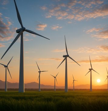 Photo hyperrealiste d'une ferme éolienne moderne au lever du soleil