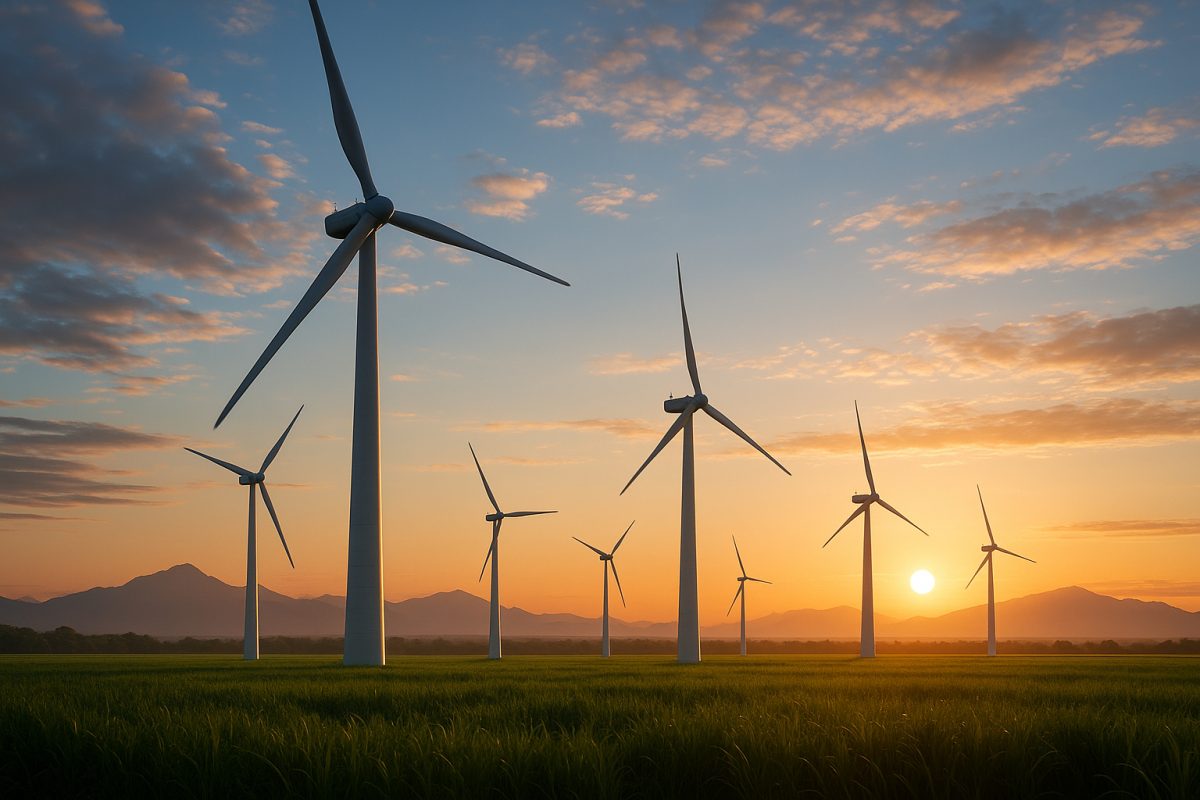 Photo hyperrealiste d'une ferme éolienne moderne au lever du soleil