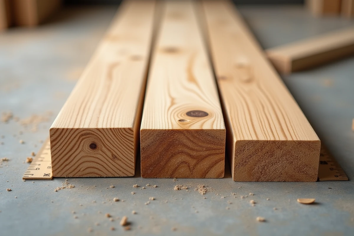Gros plan sur des lames de parquet massif en pin de différentes largeurs et épaisseurs posées côte à côte en atelier