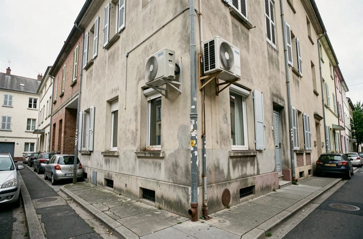 Façade d'un immeuble résidentiel avec des pompes à chaleur mal positionnées illustrant les erreurs d'installation courantes