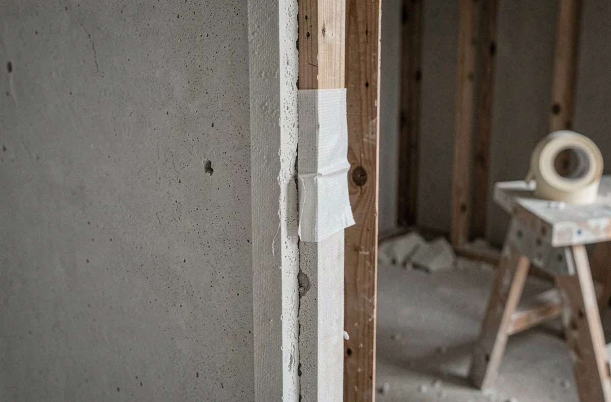 Détail d'un joint de plaque de plâtre mal exécuté avec un défaut d'alignement visible sur un mur en chantier
