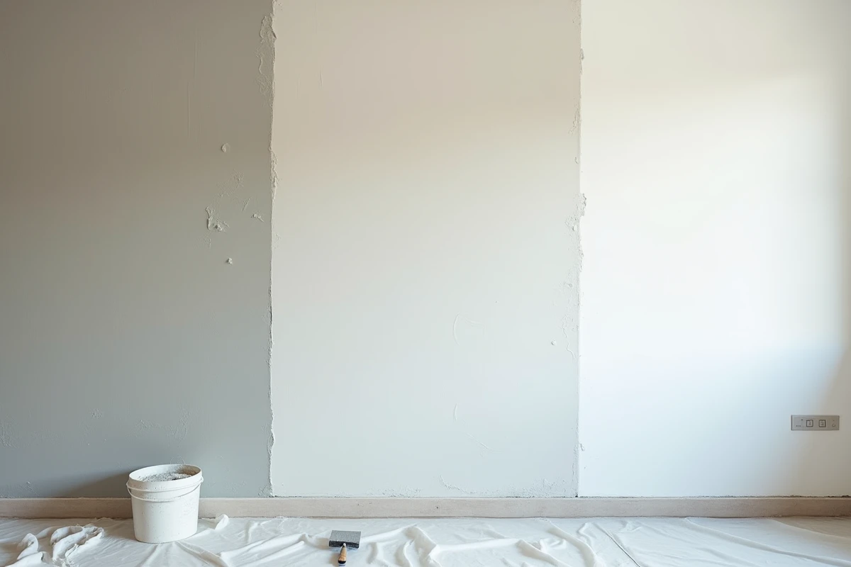 Mur en cours de lissage montrant trois étapes successives après dépose de tapisserie, avec outils de plâtrier au sol