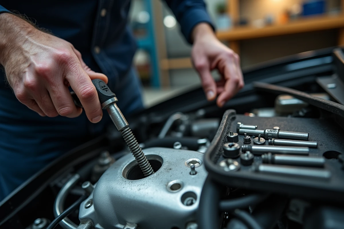 Gros plan sur un extracteur de vis foirée vissé dans un carter moteur aluminium en garage privé