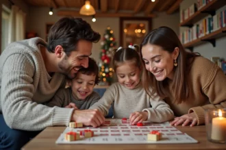 Famille souriante autour du calendrier de l'avent