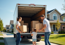 Famille chargeant des cartons dans un camion de déménagement devant une maison moderne
