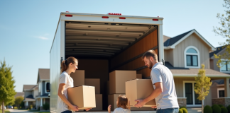 Famille chargeant des cartons dans un camion de déménagement devant une maison moderne