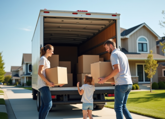 Famille chargeant des cartons dans un camion de déménagement devant une maison moderne