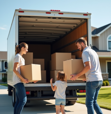 Famille chargeant des cartons dans un camion de déménagement devant une maison moderne