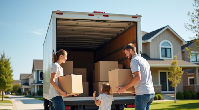 Famille chargeant des cartons dans un camion de déménagement devant une maison moderne