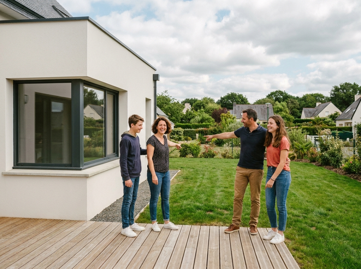 Famille heureuse devant leur maison individuelle neuve avec jardin dans une commune périurbaine de la région nantaise