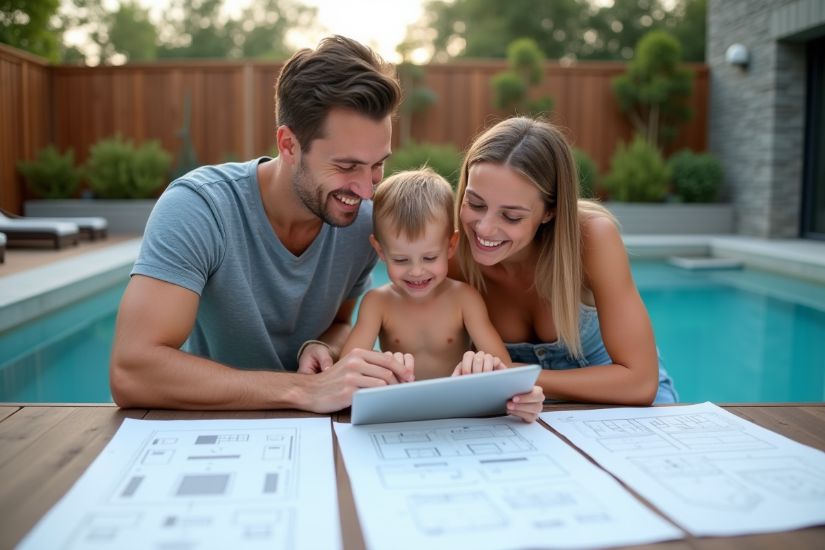 Famille regardant des esquisses de piscine dans le jardin