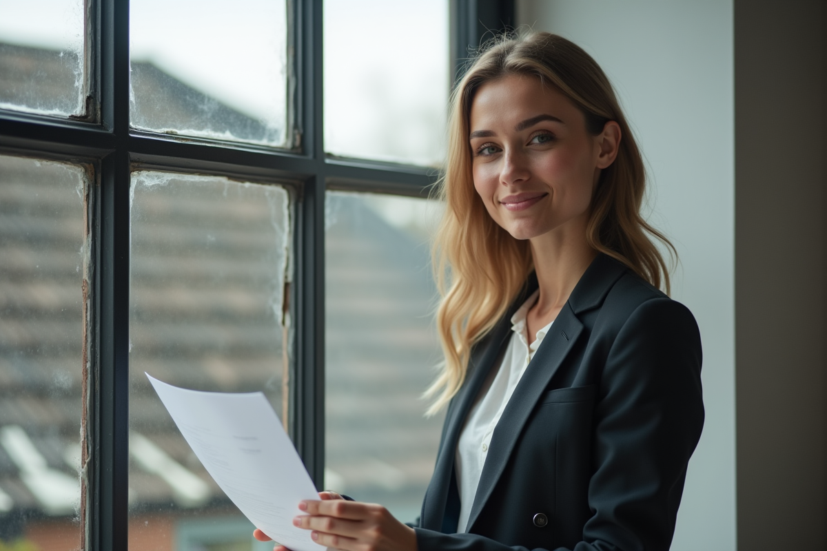 Jeune agente immobilière tenant des documents près d